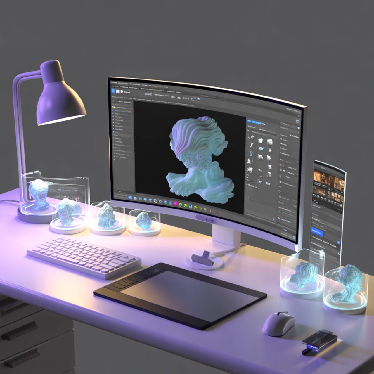 3D modeling workspace with digital sculptures